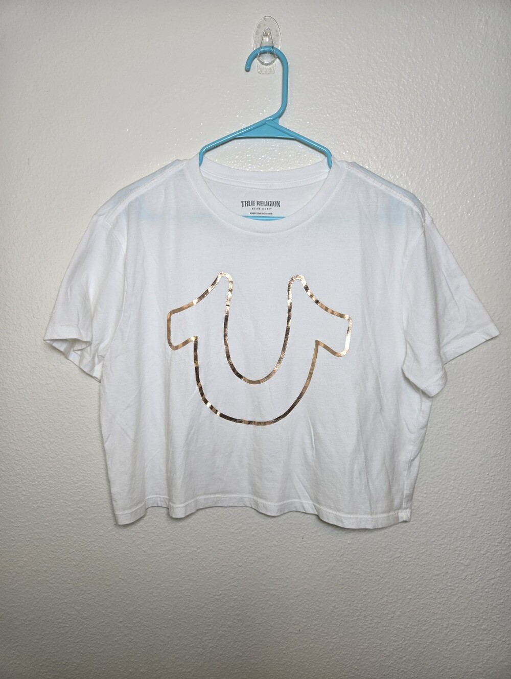 True Religion Womens Medium T-Shirt Crop Relaxed Fit Cotton Tee White Gold